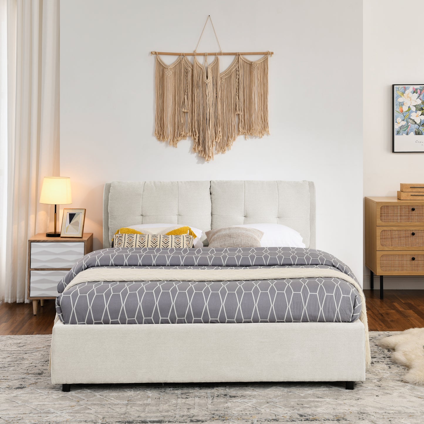 Queen Size Storage Upholstered Hydraulic Platform Bed with Integrated Headboard, Chenille Fabric, Beige image 4