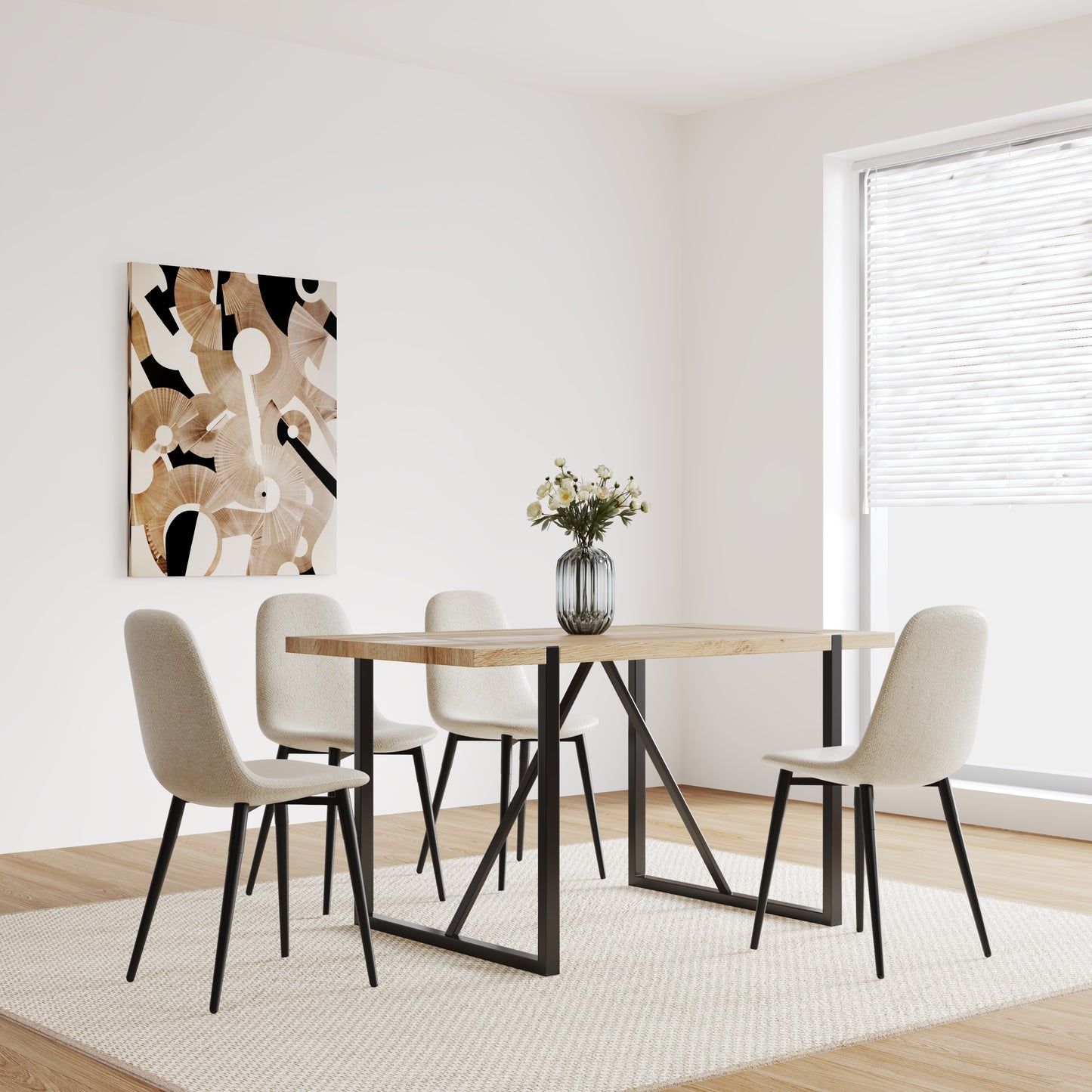 55" MDF Wood Colour Dining Table and Modern Dining Chair Set of 4, Mid Century Wooden Kitchen Table Set, Metal Base & Legs, Dining Room Table and Linen Chairs image 6