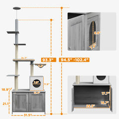 PawHut Cat Tree with Litter Box Enclosure, 2 in 1 Floor to Ceiling Cat Tower Litter Box Furniture with Condo, Bed, Hammock, Scratching Posts, and Platforms for Indoor Use, Gray