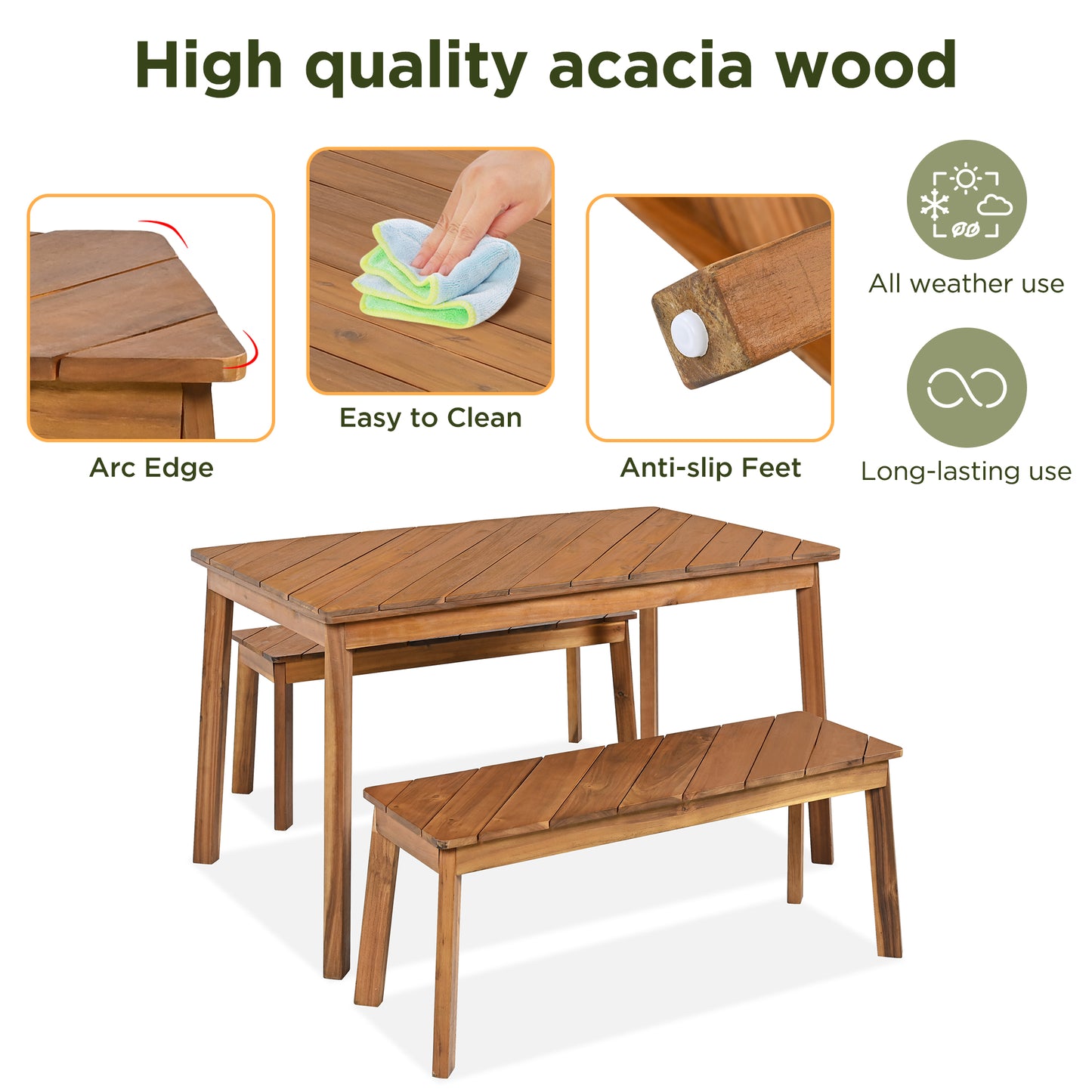 GO 3 Pieces Acacia Wood Table Bench Dining Set For Outdoor & Indoor Furniture With 2 Benches, Picnic Beer Table for Patio, Porch, Garden, Poolside, Natural image 2