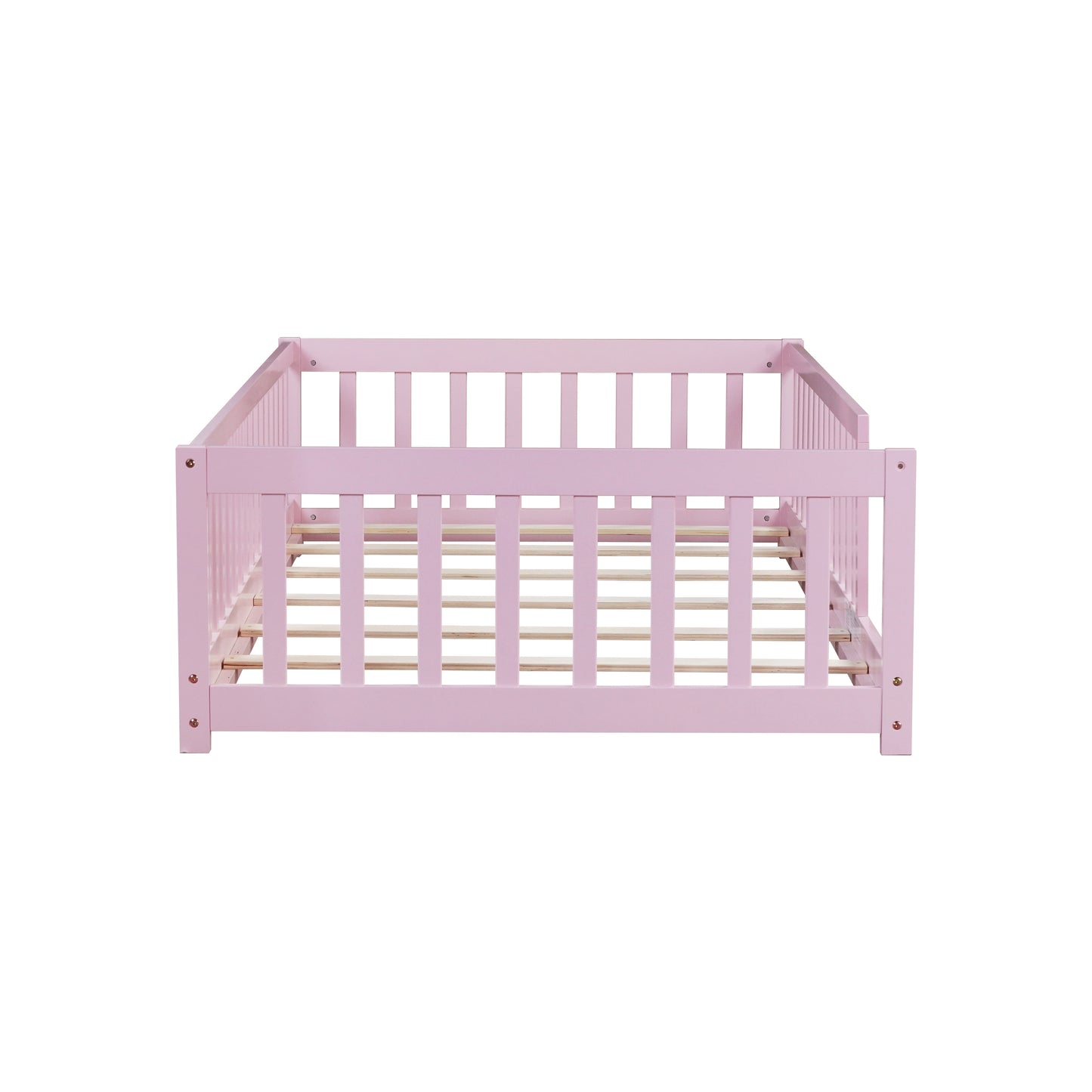 Twin Size Floor Bed with Fence without Door, Rubber Wood Floor Bed with Safety Guardrails,Pink (Old Sku W504P296798) image 10