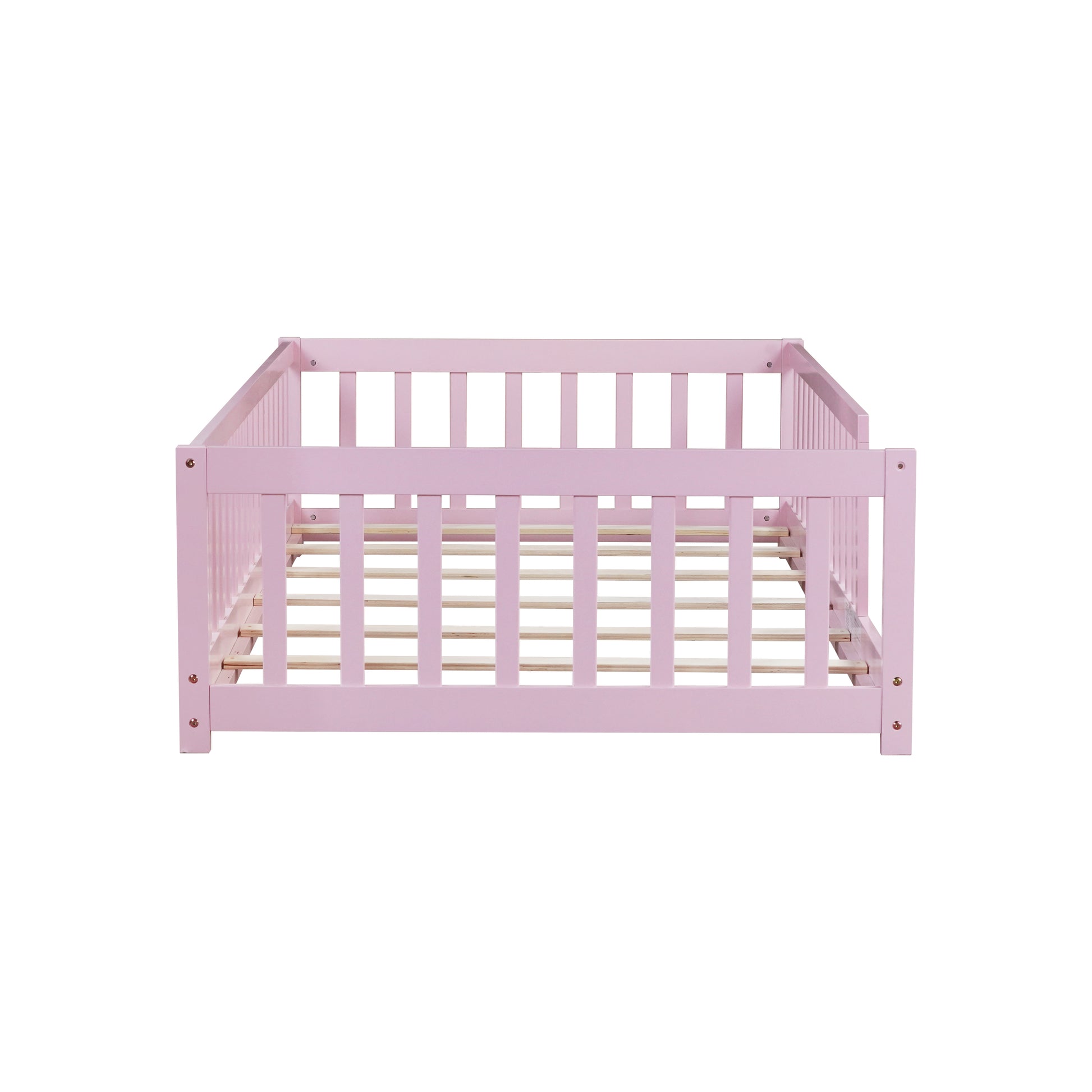 Twin Size Floor Bed with Fence without Door, Rubber Wood Floor Bed with Safety Guardrails,Pink (Old Sku W504P296798) image 10