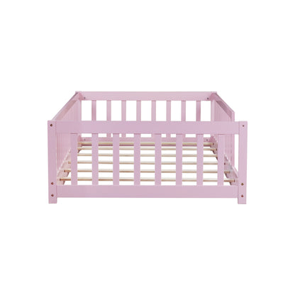 Twin Size Floor Bed with Fence without Door, Rubber Wood Floor Bed with Safety Guardrails,Pink (Old Sku W504P296798) image 10