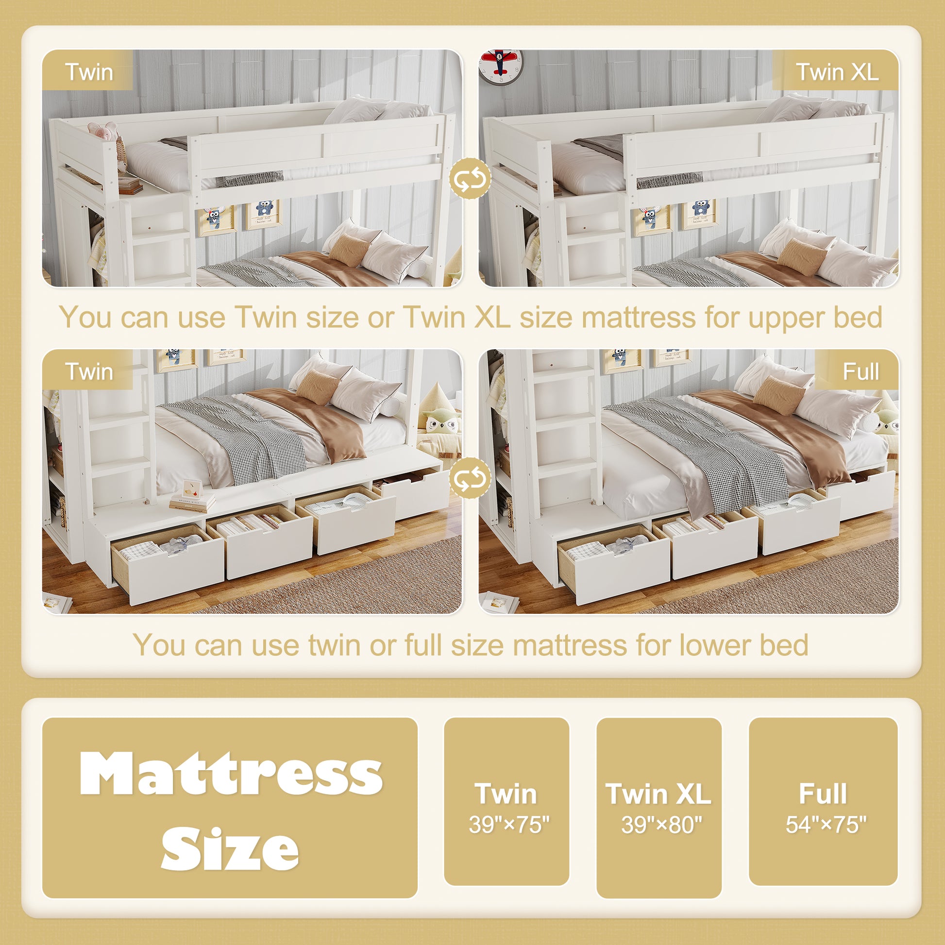 Twin over Twin Bunk Bed with 4 Storage Drawers, Solid Wood Bunk Bed with Built-in Wardrobe and Full-length Guardrails, No Box Spring Needed, Ivory image 8