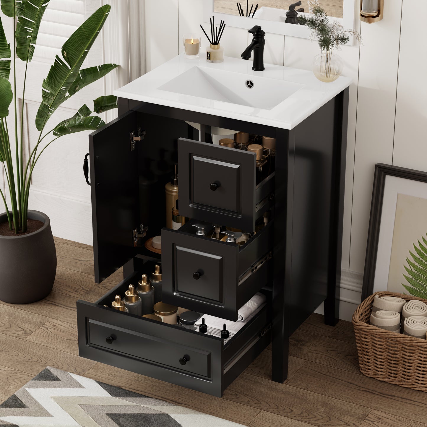 24 inch Bathroom Vanity with Sink, One Cabinet with Soft-closing Door, 3 Soft-closing Drawers, Retro Metal Handles, Black image 2
