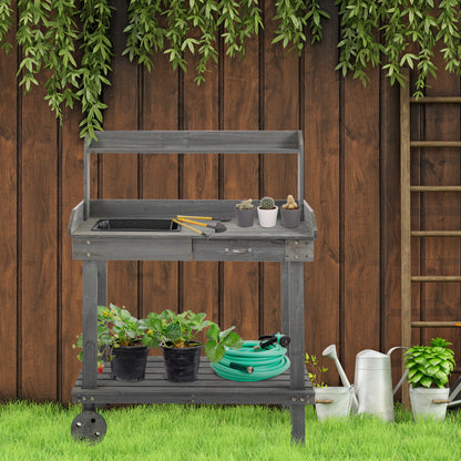 Outsunny 36'' Wooden Potting Bench Work Table with 2 Removable Wheels, Sink, Drawer & Large Storage Spaces, Gray image 2