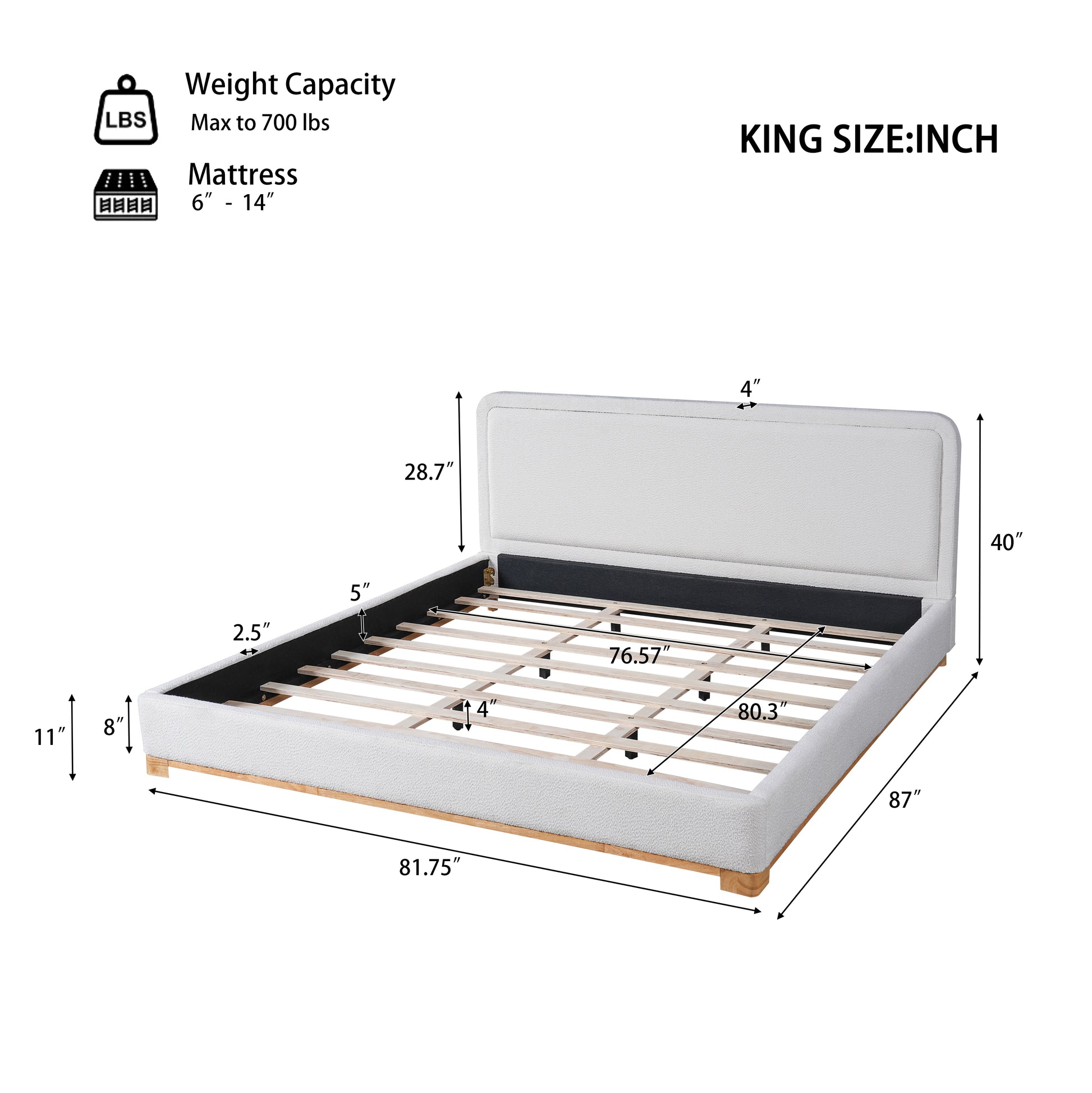 King Size Bed Frame With Boucle Upholstered Curved Headboard, Solid Wood Base And Legs, White image 3