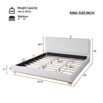 King Size Bed Frame With Boucle Upholstered Curved Headboard, Solid Wood Base And Legs, White image 3