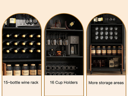 71"Farmhouse Arched Wine Bar Cabinet: tall arched display cabinet, arch black cabinets &coffee bar, whiskey station with wine rack and Wine Glass Holder - Liquor Bars Cabinet for Living Dining Room image 12