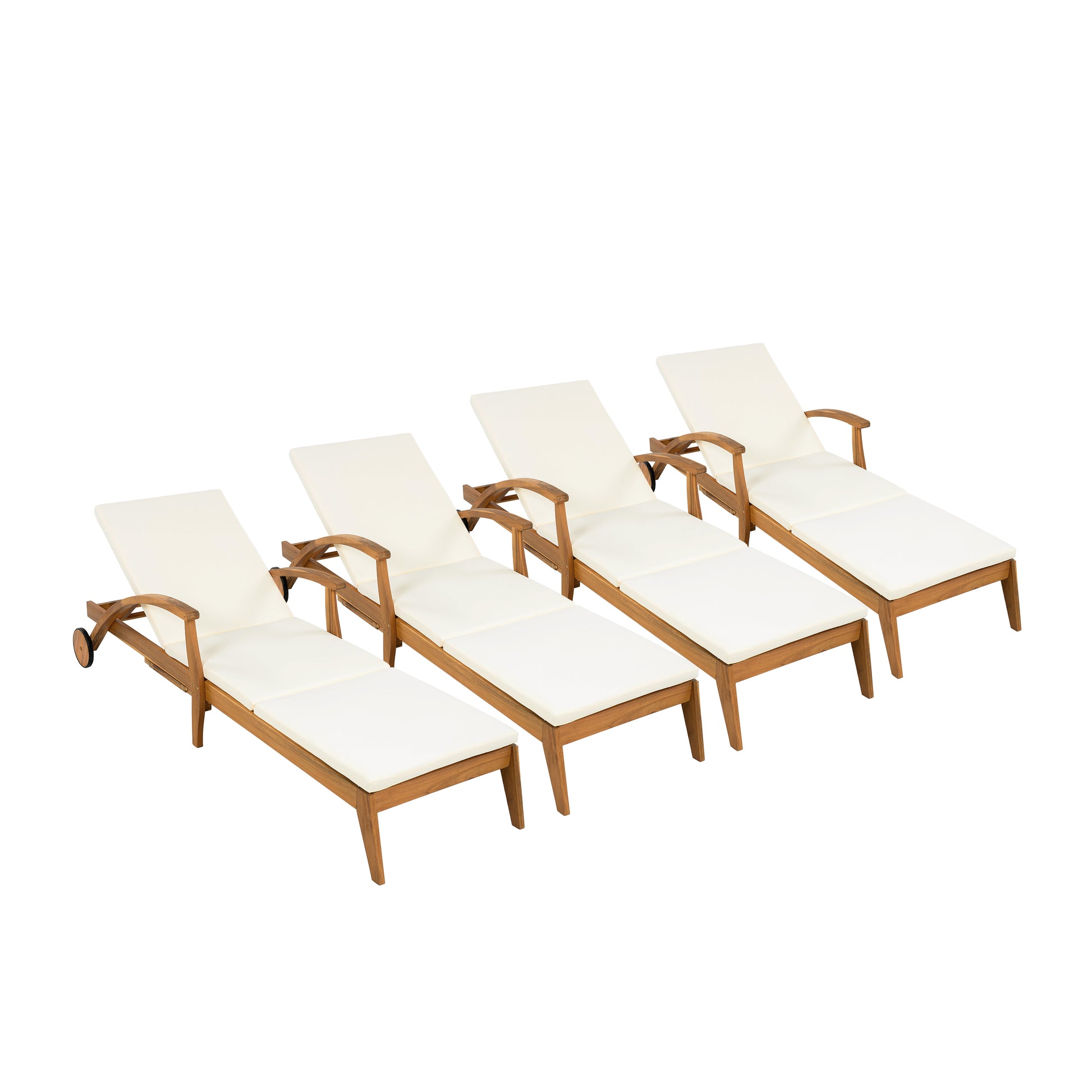 CHAISE LOUNGE WITH WHEEL - ACACIA WOOD RECLINER FOR PATIO/GARDEN, WITH 2INCH WHITE CUSHION, 4-POSITION ADJUSTABLE BACKREST, VERSATILE OUTDOOR FURNITURE (Only 1 SET: 1 frame+ 1 Cushion) image 10