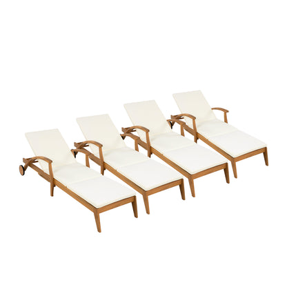 CHAISE LOUNGE WITH WHEEL - ACACIA WOOD RECLINER FOR PATIO/GARDEN, WITH 2INCH WHITE CUSHION, 4-POSITION ADJUSTABLE BACKREST, VERSATILE OUTDOOR FURNITURE (Only 1 SET: 1 frame+ 1 Cushion) image 10