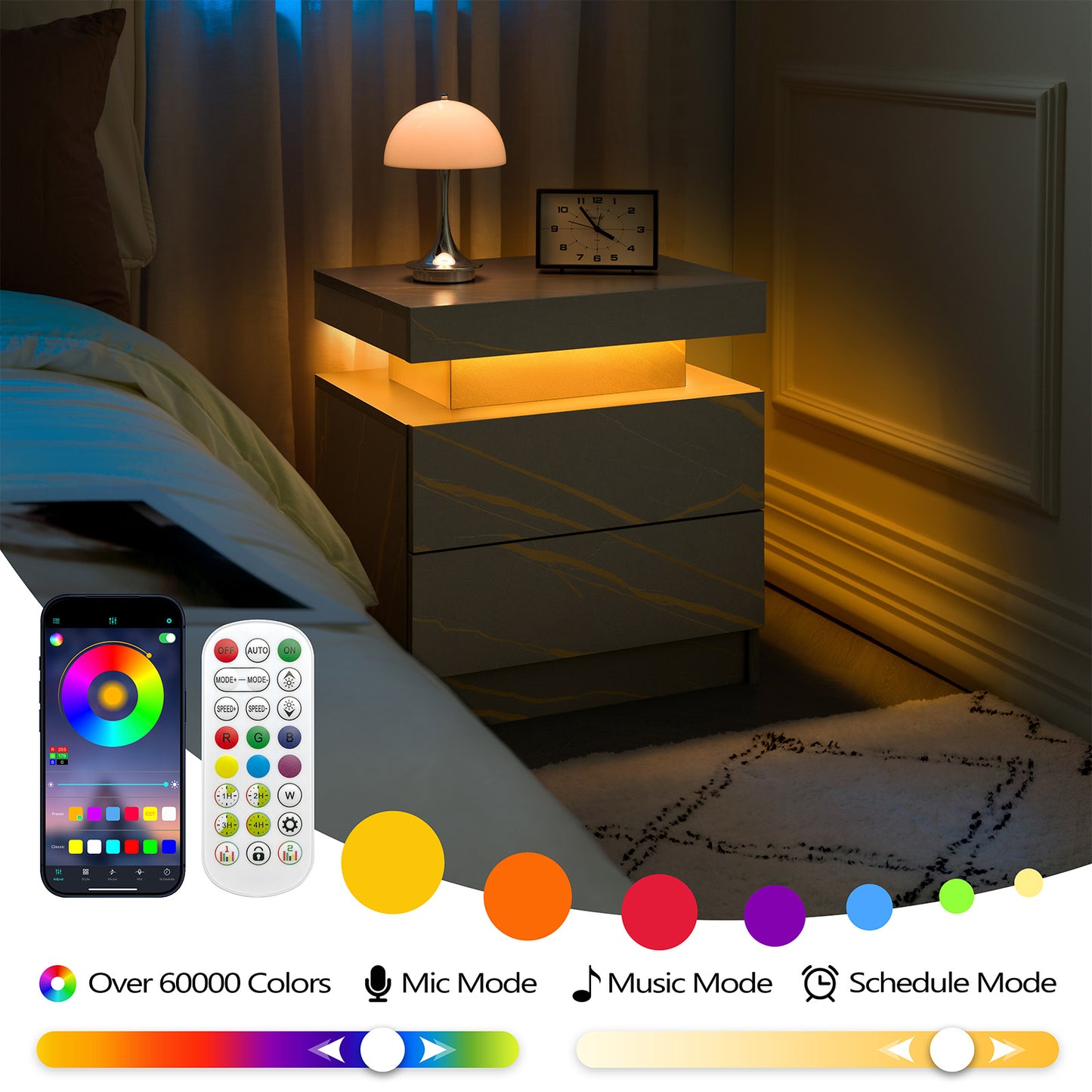 Nightstand LED Bedside Table Cabinet Lights Modern End Side with 2 Drawers for Bedroom (Grey Gold) image 4
