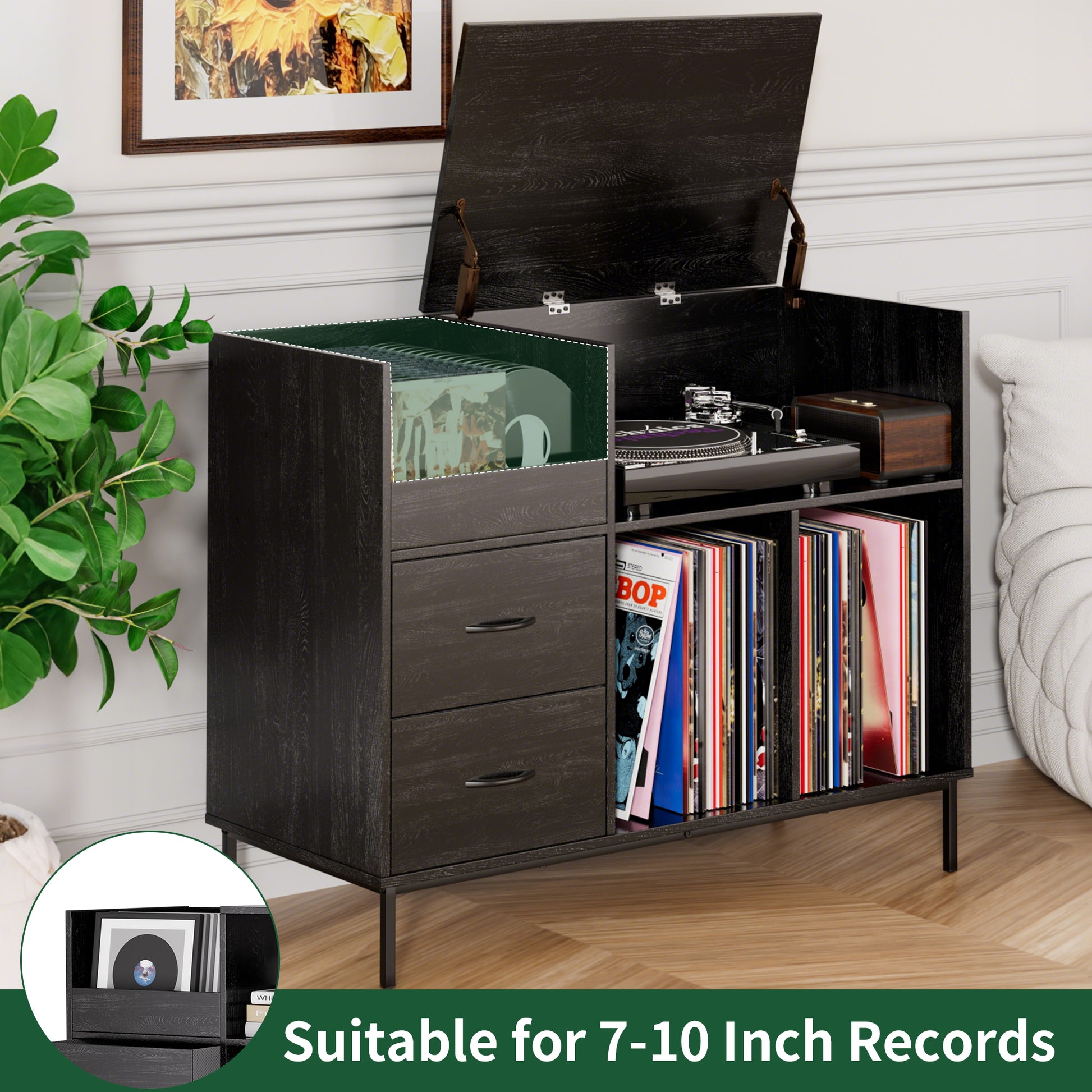 Eco-Friendly Record Player Stand with Flip-Top - Wood Vinyl Storage Cabinet with 2-Outlet Power Strip, Drawers & Dustproof Cubbies, Media Console for Living Room/Study, Black image 7