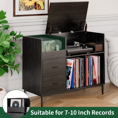 Eco-Friendly Record Player Stand with Flip-Top - Wood Vinyl Storage Cabinet with 2-Outlet Power Strip, Drawers & Dustproof Cubbies, Media Console for Living Room/Study, Black image 7