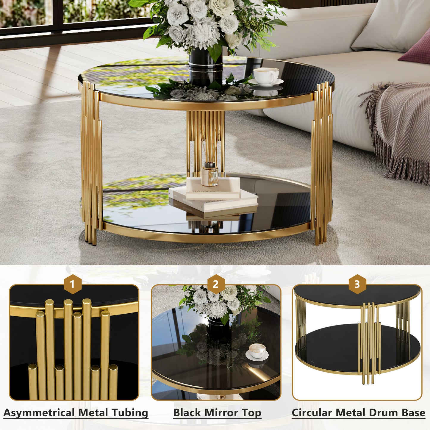 Modern Black Mirror Coffee Table, Asymmetrical Metal, Circular Metal Drum Base, Gold Finish & Lower Shelf image 7