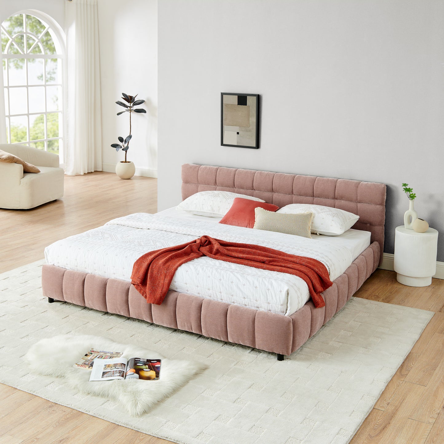 King Size Upholstered Bed,comfortable upholstered bed frame, Chenille fabric, with headboard and solid bed frame. With drawer for storage.-Pink(88.5''*85.5''*31'') image 2