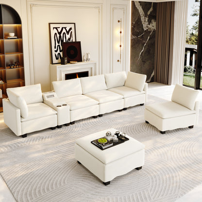 121.2" Modular U-Shaped Cloud Sectional Sofa with Movable Ottoman, Chenille Convertible Sofa Bed with Hidden Storage&USB Ports&Cup Holders&Bluetooth Speaker for Living Room, Apartments, Beige/White image 7