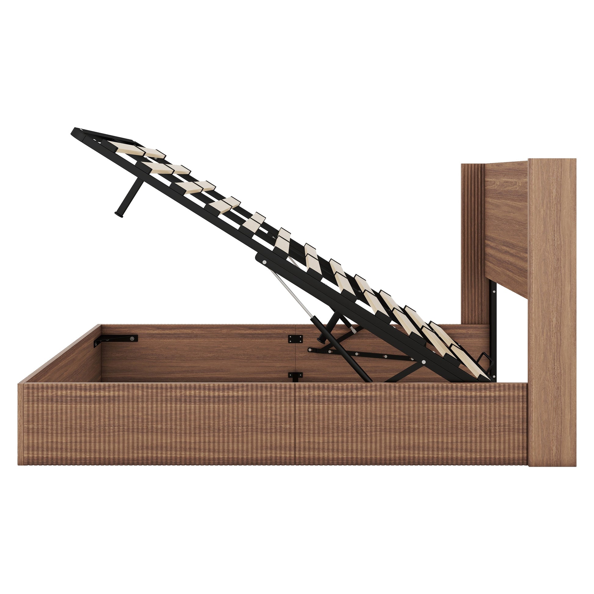 (Queen size) bed frame with a grooved and undulating lifting storage function, featuring a lifting storage feature, safe and beautiful / without noise, a wooden slat platform bed frame in a natural image 9