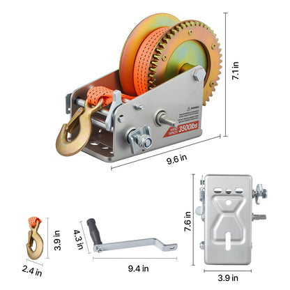 Boat Winch, 3500 lbs Hand Winch, Heavy Duty Manual Rope Crank with 20ft Orange Polyester Strap, Portable Two-Way Ratchet, 2 Speed Switchable, Anti-Slip Handle Gear for Boat Trailer ATV Towing image 8