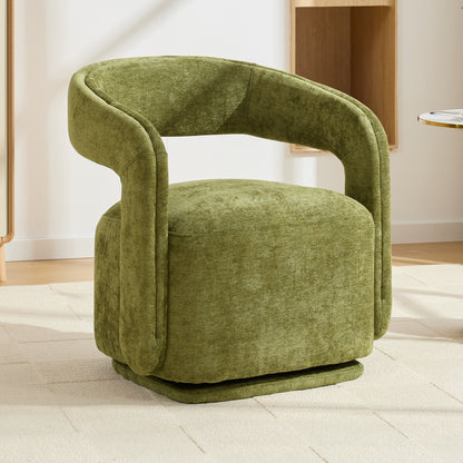 065-Chenille Fabric Swivel Accent Armchair, Comfy Barrel Leisure Chair With Curved Backrest, Upholstered Reading Chair With Black Swivel Base, 22-inch large seat depth and width, Green image 1
