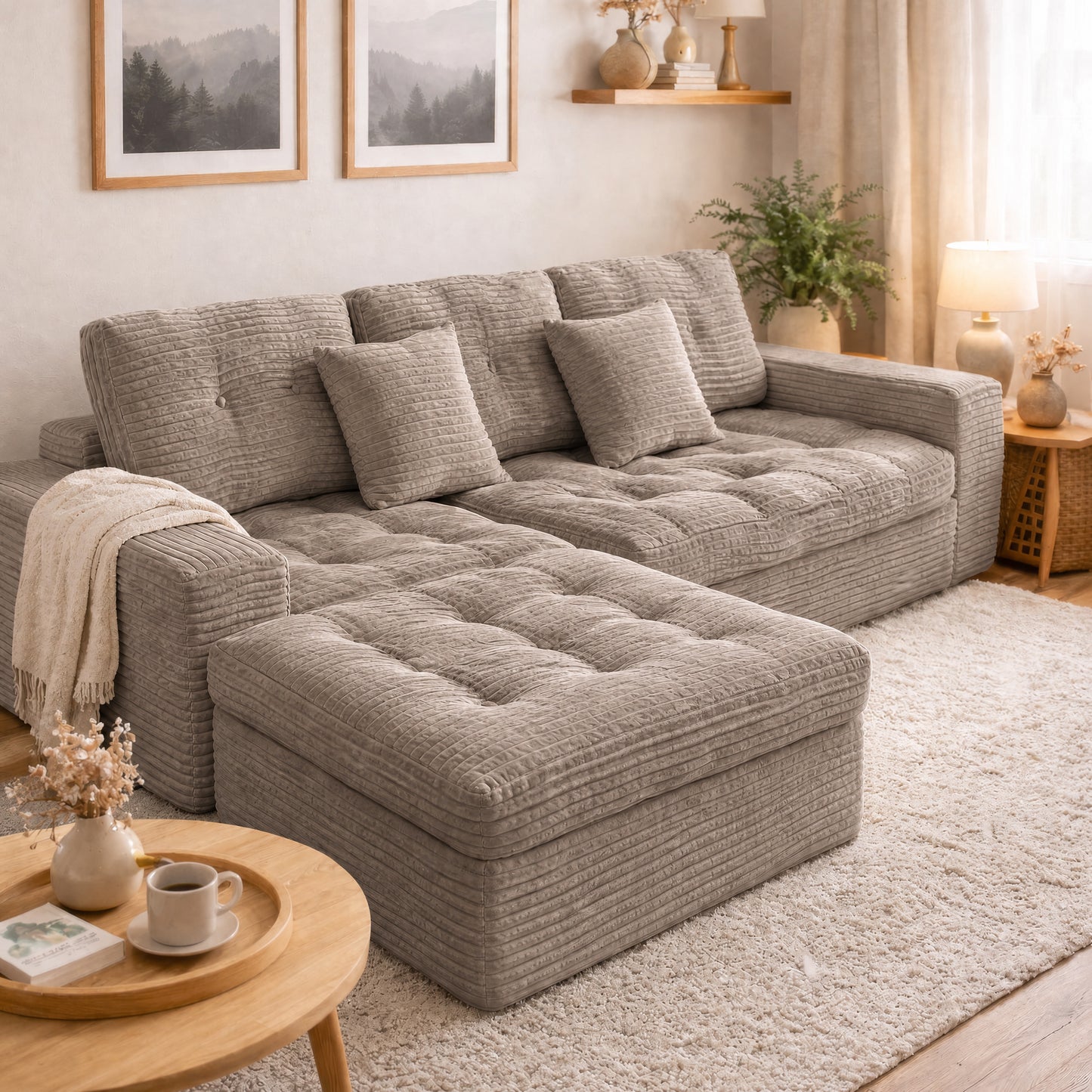 Modular Cloud Sofa Set, 105" DIY Sectional with Ottoman, Pure Foam, Faux Rabbit Fur Velvet, Comfortable Living Room Couch Khaki image 1