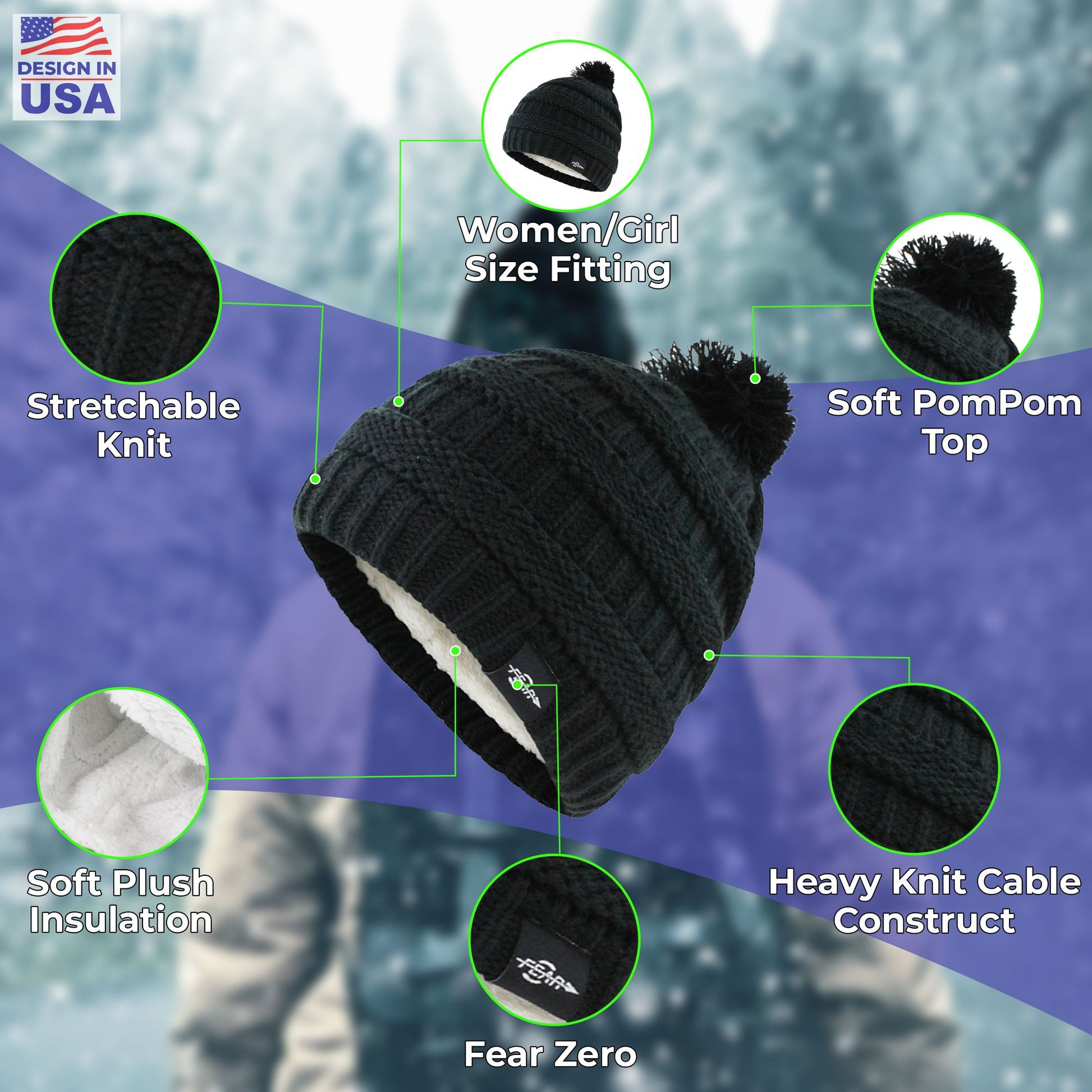 Fear0 NJ Warmest Plush Insulated Lining Knit Cable Cuff Fold Beanie Hat Women image 2