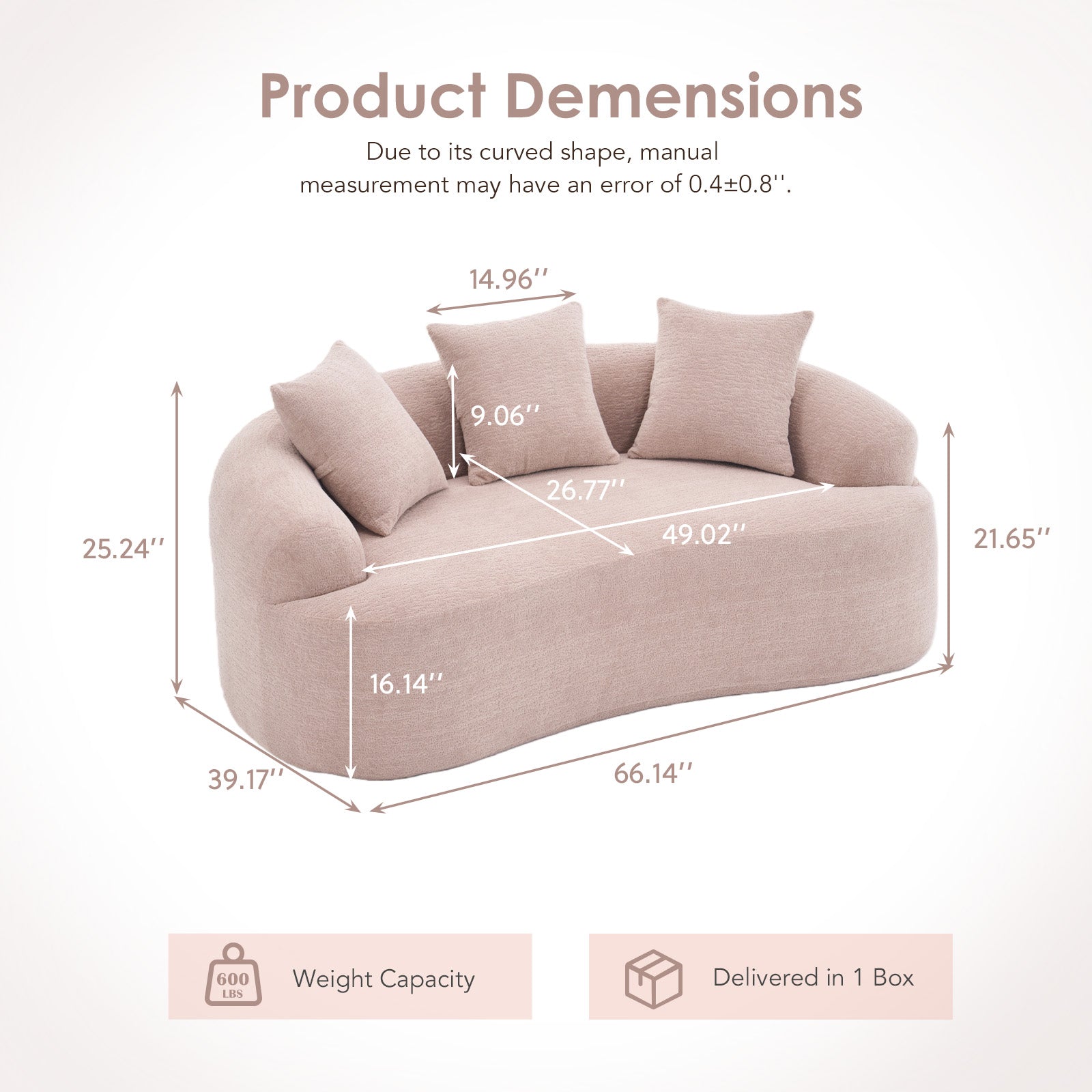 Old Sku: W2231P292607 Compression Loveseat Sofa, Curved Modern Styles Sofa for Small Spaces & Apartments, 30D Chenille No-Assembly,3 Throw Pillows. Warm Beige. image 2