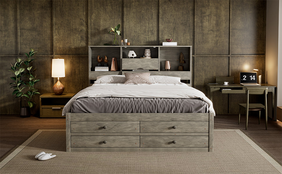 Queen Size Platform Bed with Storage Headboard and 8 Drawers, Gray image 7