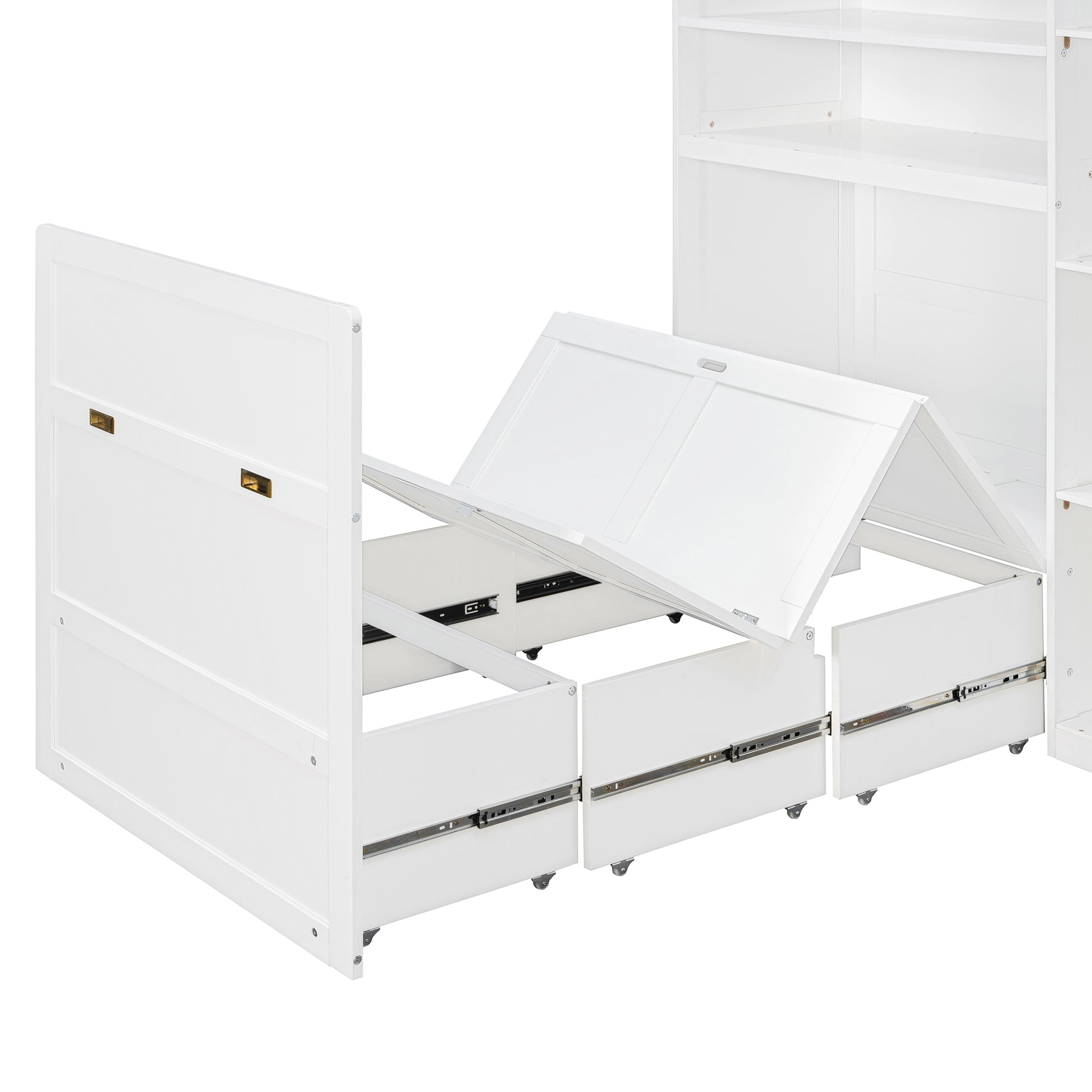 Twin Size Murphy Cabinet Bed with Wardrobe & Storage Shelves, 5-Tier LED Display Shelves, Overhead Cabinets, White image 11