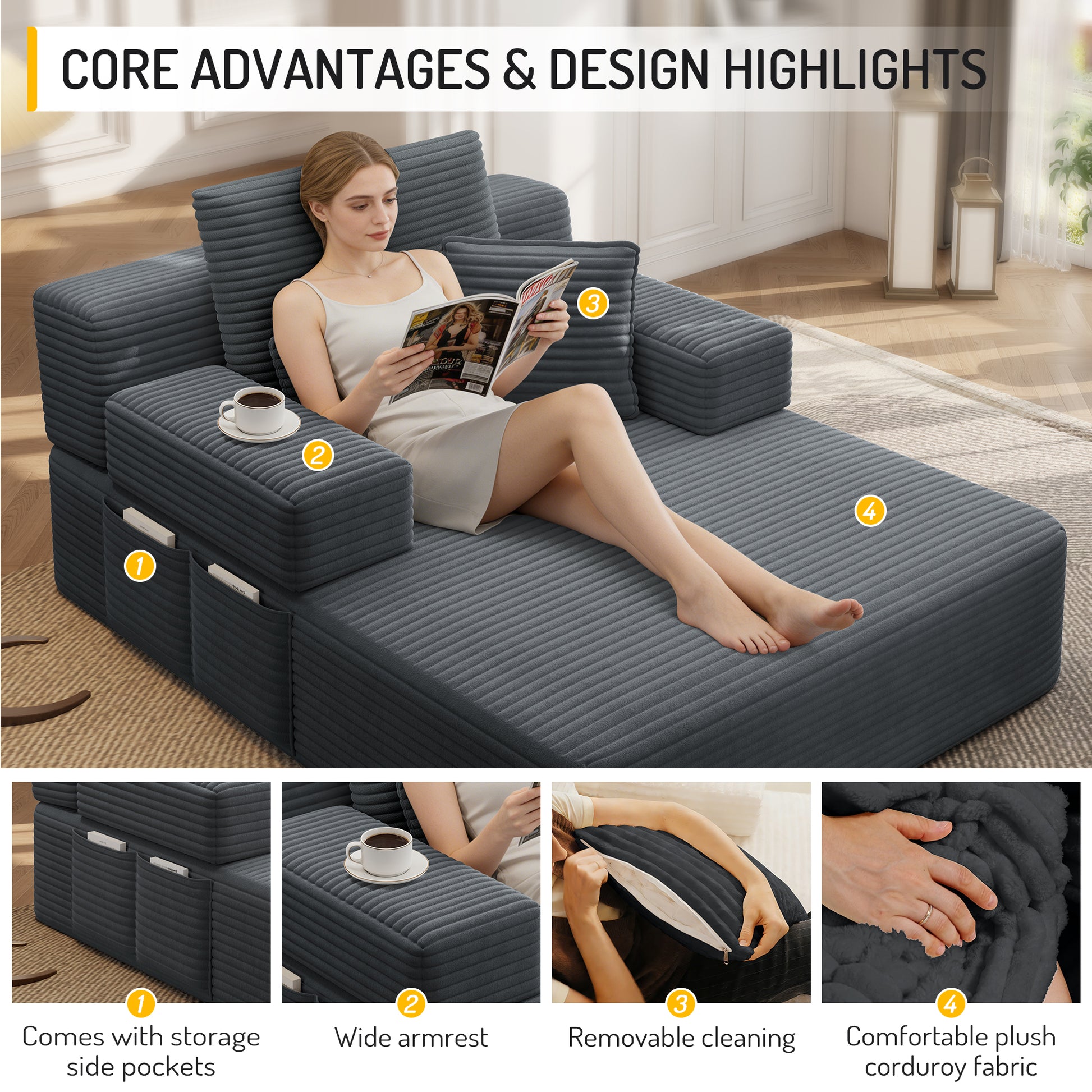 Luxurious Plush Corduroy Chaise Lounge with 3 Pillows, Convertible Sofa Bed with Storage Pocket, Frameless Design & Compression Foam for Small Spaces, Living Room, Apartment,Dark Gray image 10