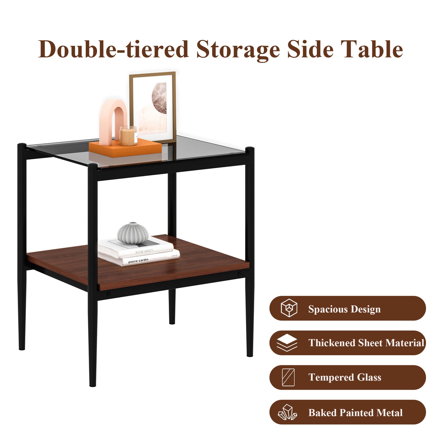 Set of 2 Rectangle End Table, Tempered Glass Tabletop with MDF layer, Modern Table for Living Room, Gray Glass image 5