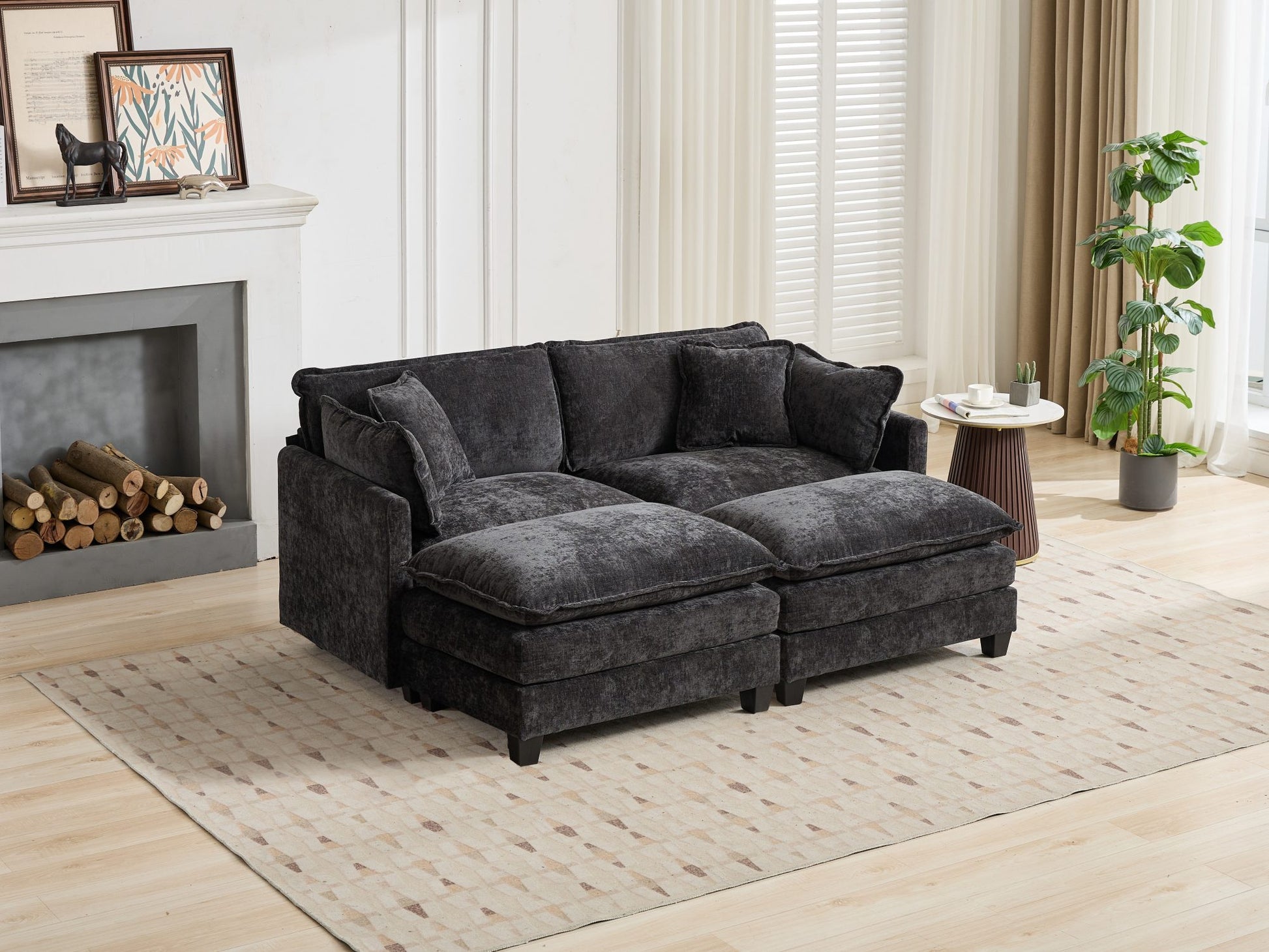 Cloud Sofa Ottoman only, Modern Sectional Couch, for Living Room Bedroom and Apartment, Comfy Double Layer Upholstered Seat Cushion, Breathable Chenille Fabric, Black image 6