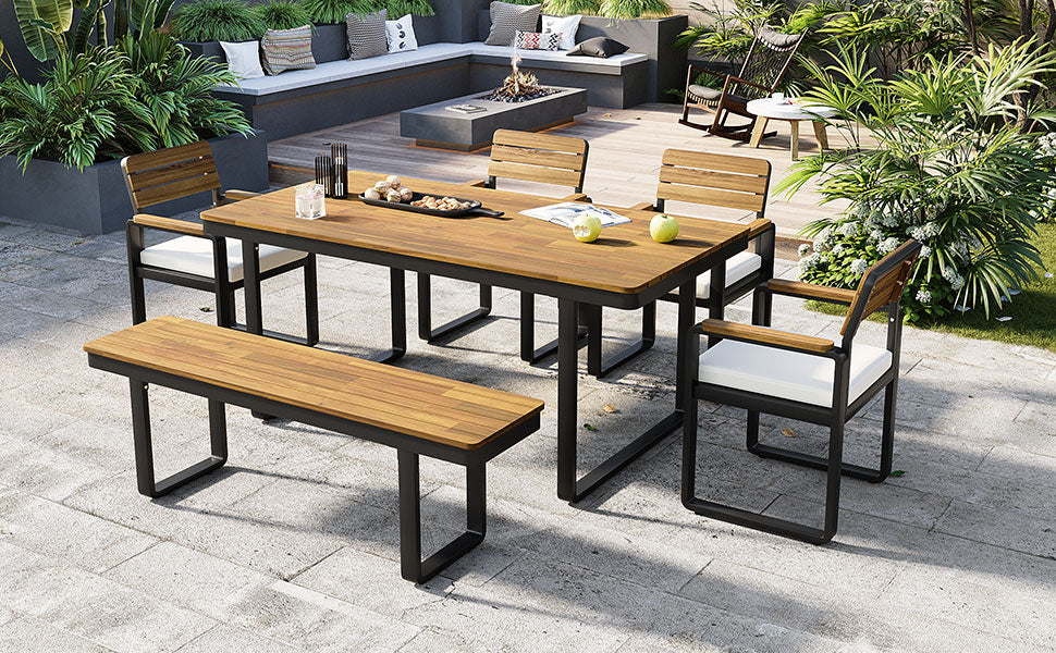 6-Piece Outdoor Dining Set, Acacia Wood, 1 Table with 4 Chairs & 1 Bench for 6-7 Person, Comfortable Cushions on Chairs, Adjustable Feet, for Patio, Garden, Backyard Dining, Beige Cushion image 9