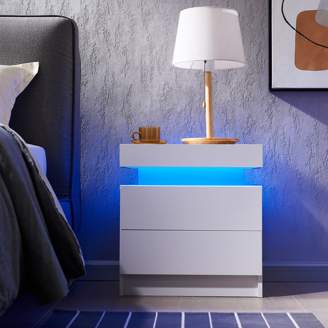 Nightstand LED Bedside Table Cabinet Lights Modern End Side with 2 Drawers for Bedroom (White) image 8
