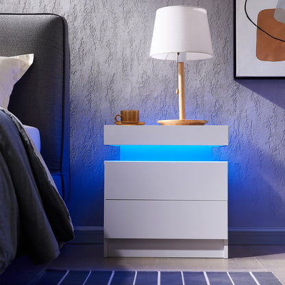 Nightstand LED Bedside Table Cabinet Lights Modern End Side with 2 Drawers for Bedroom (White) image 8