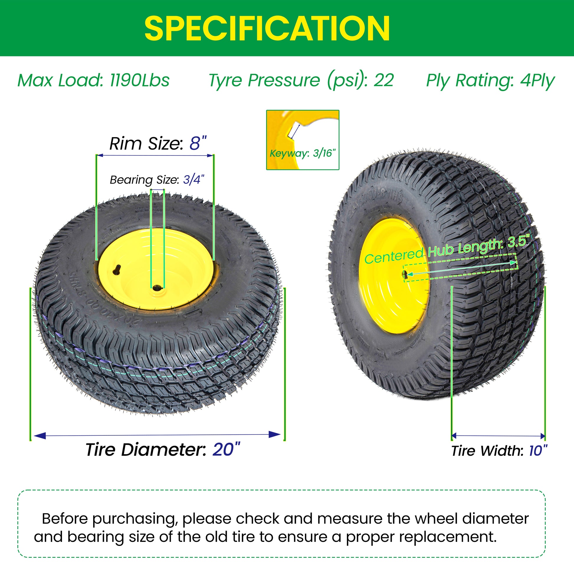 Set of 2 20x10.00-8 Lawn Mower Tires and Wheel Assembly, 4-Ply Tubeless Turf Tread Heavy Duty, 3.5" Centered Hub with 3/4" Bore and 3/16" Keyway, Yellow Steel Rim for Commercial Mowers, 1190 lbs Capac image 6