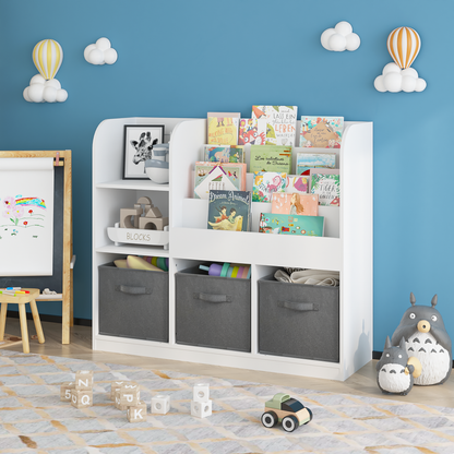 Kids Bookcase and Bookshelf, Multifunctional Bookcase with 3 Collapsible Fabric Drawers, Bookcase Display Stand, Toy Storage Organizer for Bedroom, Playroom, Hallway (White/Gray) image 11