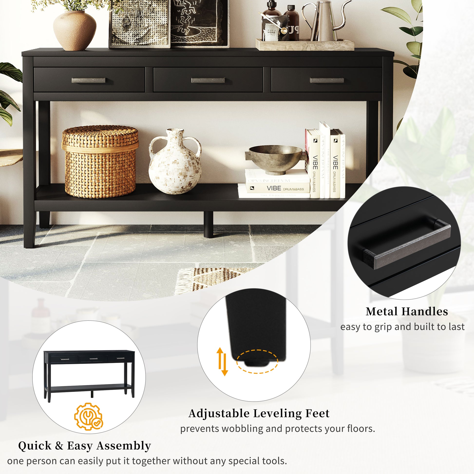 U_STYLE 59.1'' Farmhouse Entryway Table with 3 Drawers, Painted Console Table with Bottom Shelf & Iron Handles, Minimalist Sofa Table for Living Room, Hallway, Kitchen, Bedroom, Office image 7