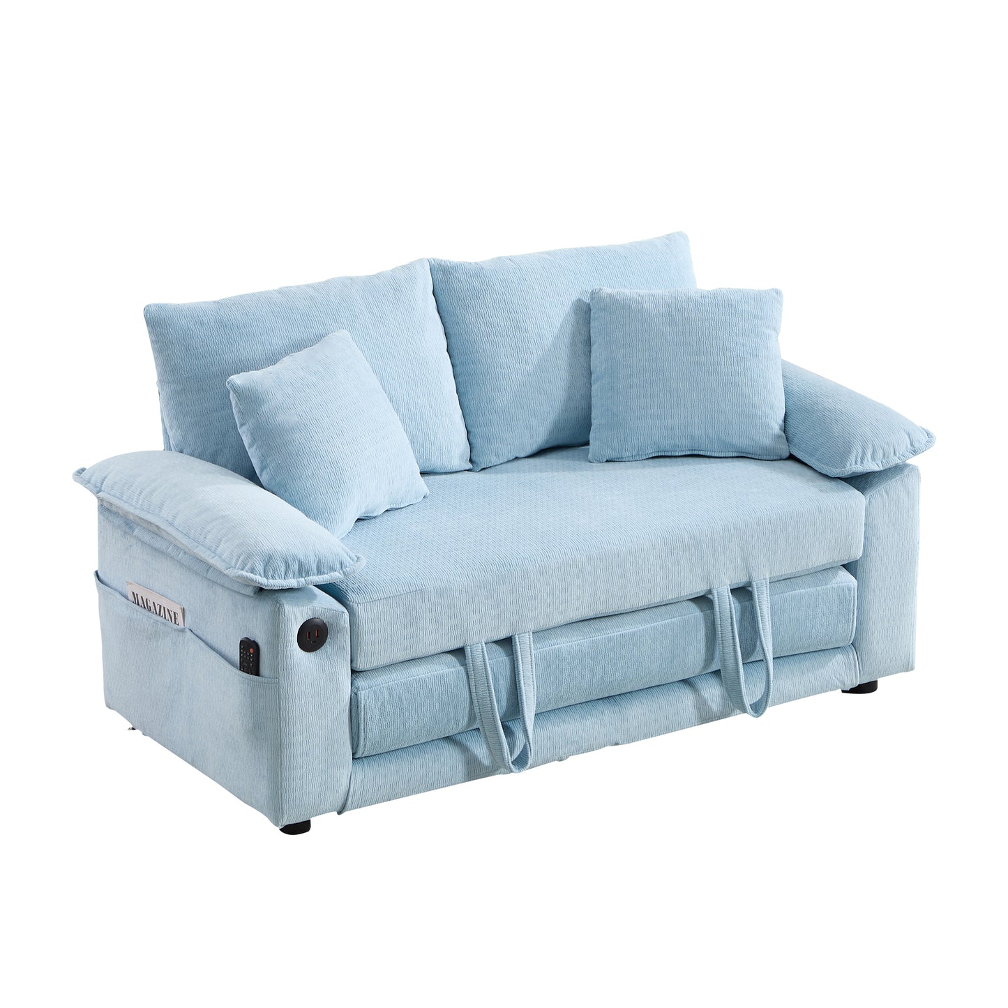 58 inch 3-in-1 Upholstered Futon Sofa Convertible Floor Sofa bed,Foldable Tufted Loveseat with Pull Out Sleeper Couch Bed,Folding Mattres Love Seat Daybed W/Side Pockets for Living Room Blue image 6