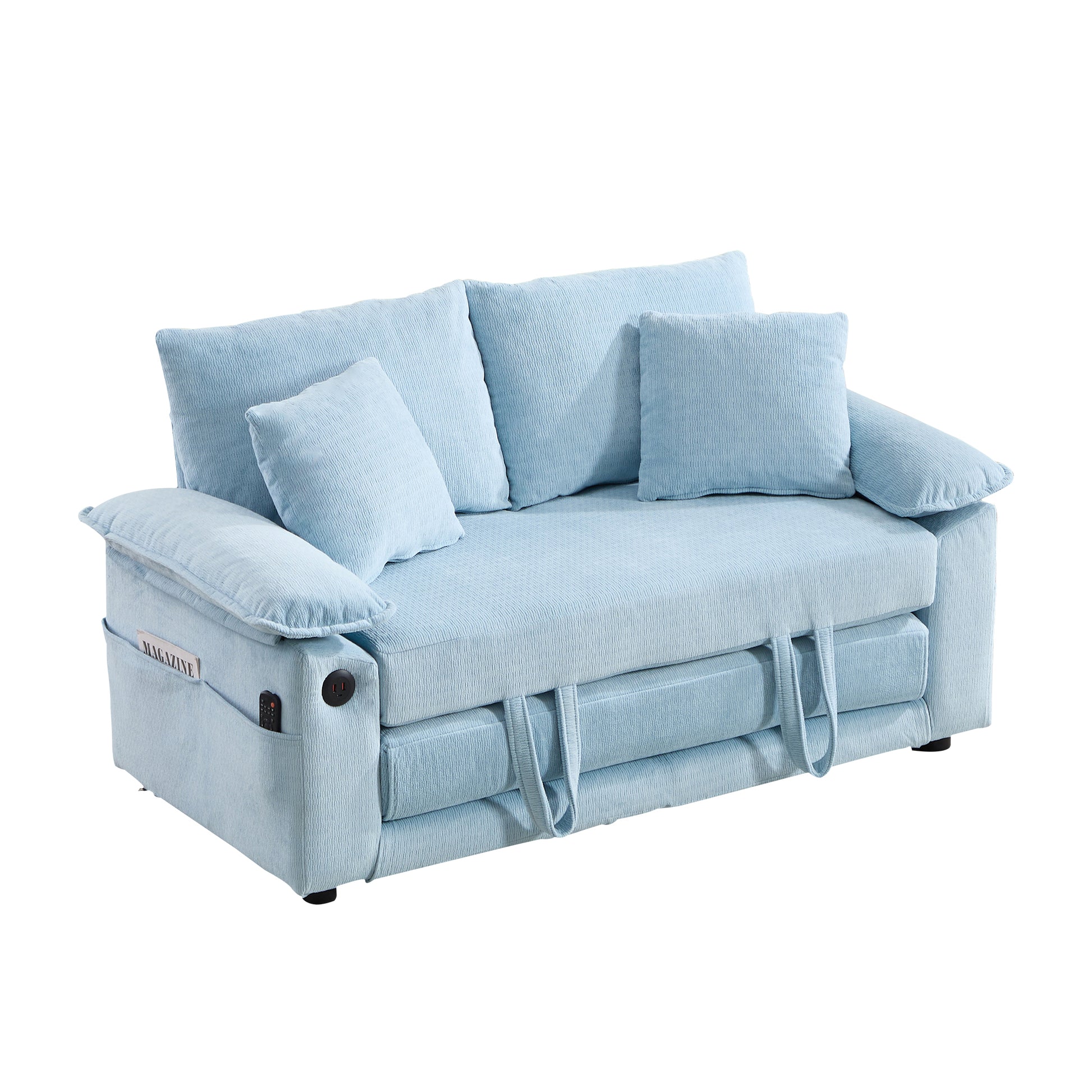 58 inch 3-in-1 Upholstered Futon Sofa Convertible Floor Sofa bed,Foldable Tufted Loveseat with Pull Out Sleeper Couch Bed,Folding Mattres Love Seat Daybed W/Side Pockets for Living Room Blue image 6