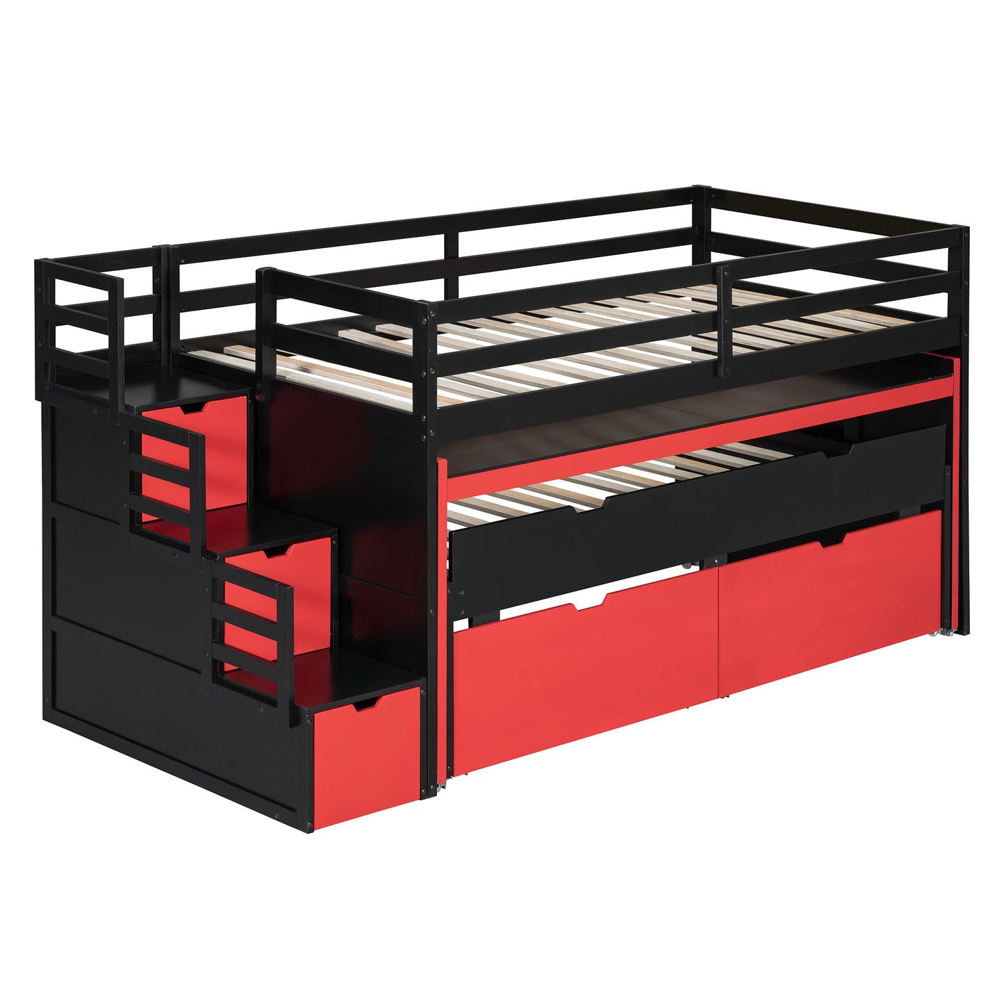 Twin XL Loft Bed with Pull-Out Desk and Twin Trundle, Multi-Functional Bunk Bed with 2 Storage Drawers and Storage Steps, Space-Saving Gaming & Workstation Bedframe, Black+Red image 10