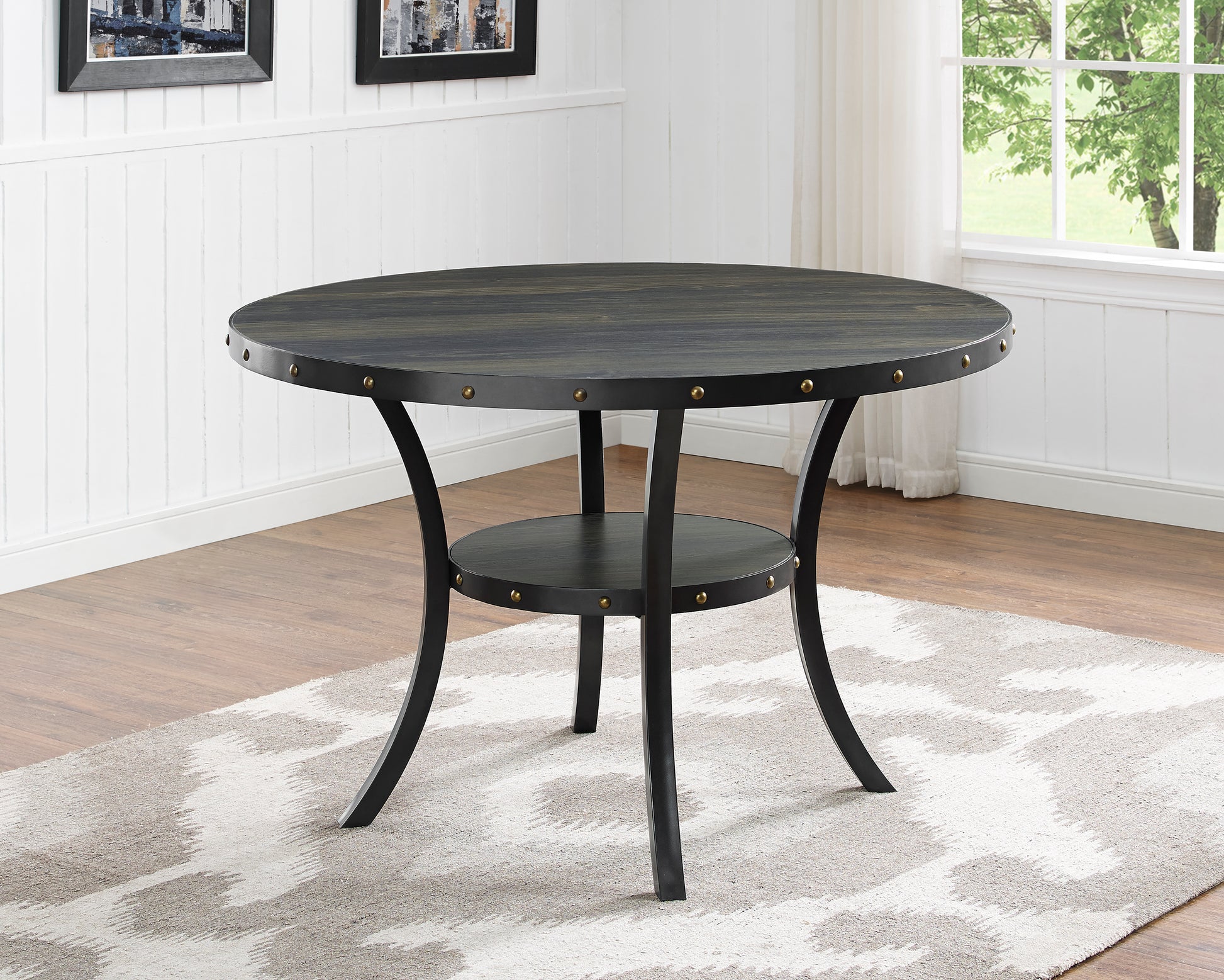 Biony Espresso Wood Dining Set with Gray Fabric Nailhead Chairs image 5