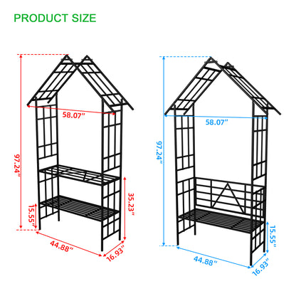 Metal Garden Arch with Bench Turned into Flower Stand W58.07*H97.24 Climbing Plants Support Rose Arch Outdoor Black image 3