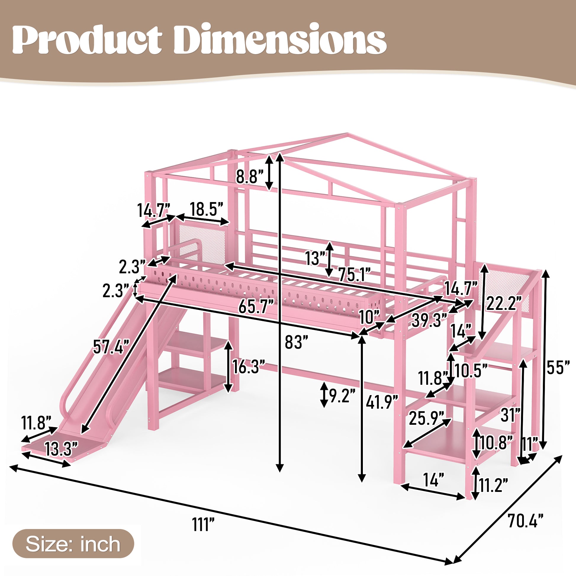 Twin Size Loft Bed with Storage Stairs, Shelves and Built-in Wardrobe, Metal Loft Bed Frame with USB Ports and LED Lights, Noise-reduced Design, Pink image 6
