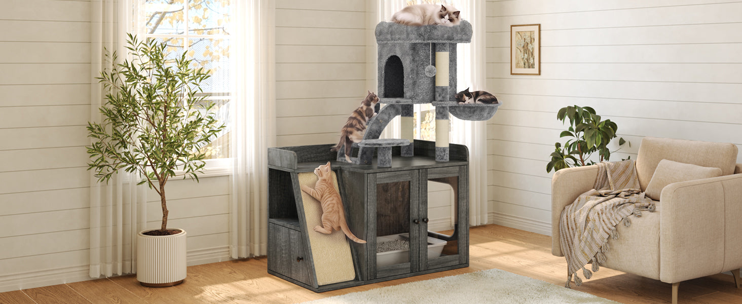 Litter Box Enclosure with Cat Tree, Hidden Litter Box with LED Light, Sisal Scratching Board and Storage Space, Modular Litter Box Furniture with Condo and Platform, All-in-one Cat Tower,Grey image 9