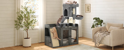 Litter Box Enclosure with Cat Tree, Hidden Litter Box with LED Light, Sisal Scratching Board and Storage Space, Modular Litter Box Furniture with Condo and Platform, All-in-one Cat Tower,Grey image 9