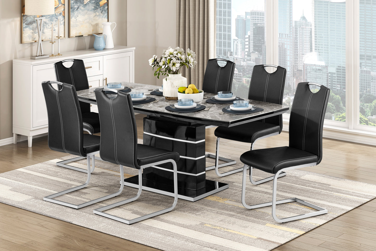 Modern Glam Dining Side Chairs Set of 2 Black Faux Leather Upholstery Chrome Finish Metal Legs Dining Room Furniture image 7