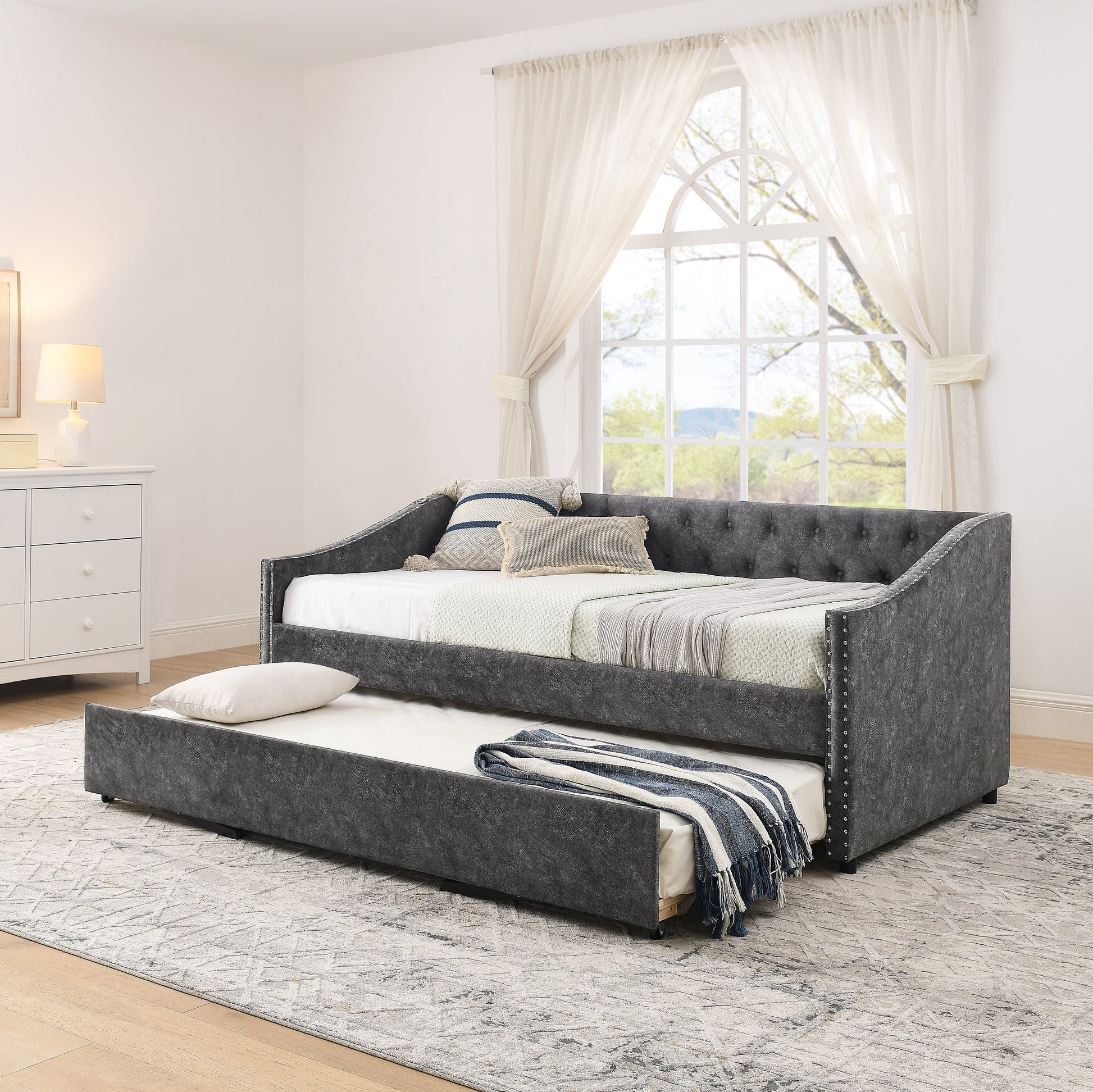 Twin Size Daybed with USB Charging & Pull-out Extendable Bed, with Button on Back and Copper Nail on Waved Shape Arms (81"x42"x30.75") image 3