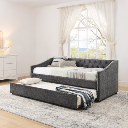 Twin Size Daybed with USB Charging & Pull-out Extendable Bed, with Button on Back and Copper Nail on Waved Shape Arms (81"x42"x30.75") image 3