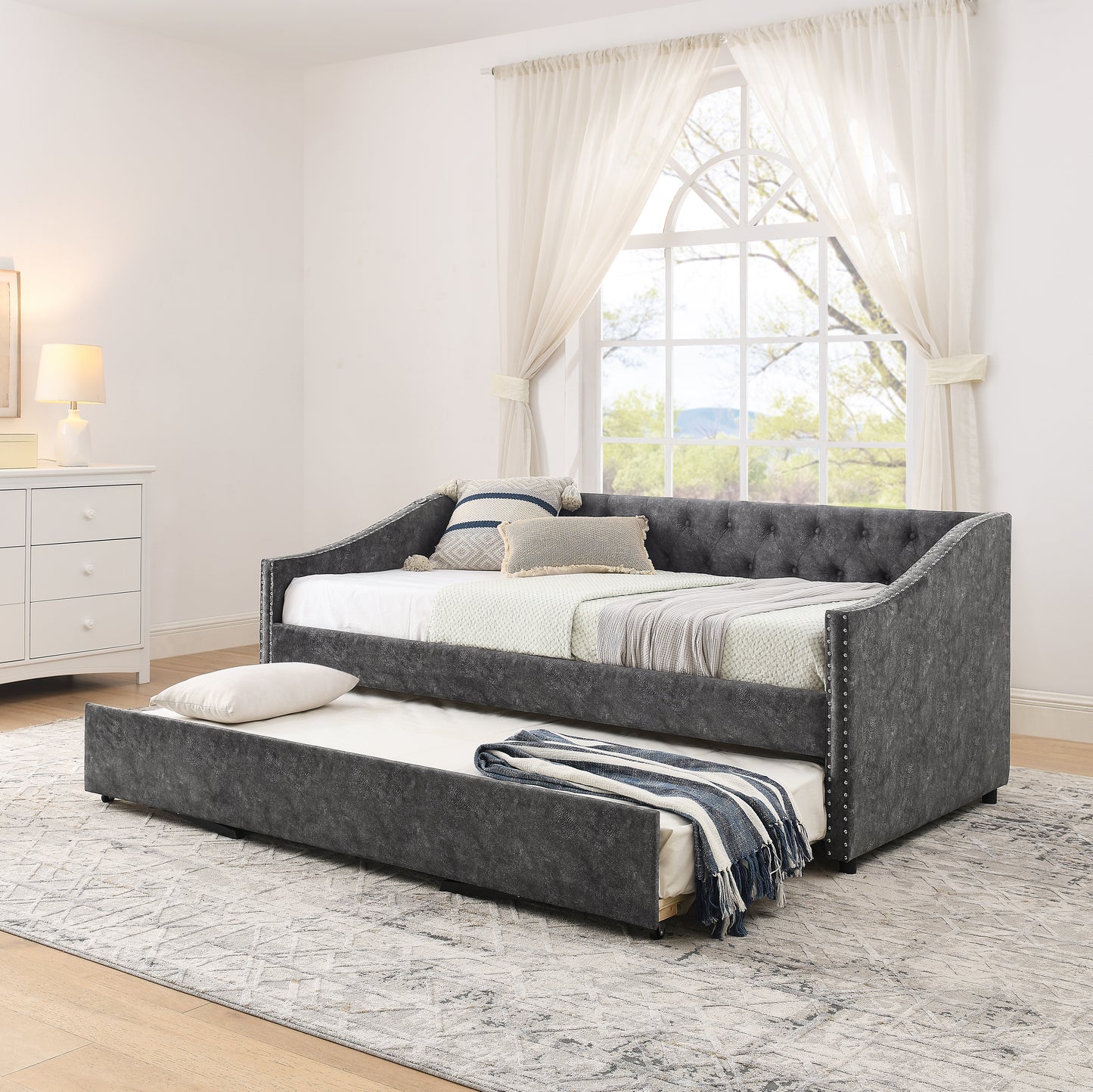 Twin Size Daybed with USB Charging & Pull-out Extendable Bed, with Button on Back and Copper Nail on Waved Shape Arms (81"x42"x30.75") image 3
